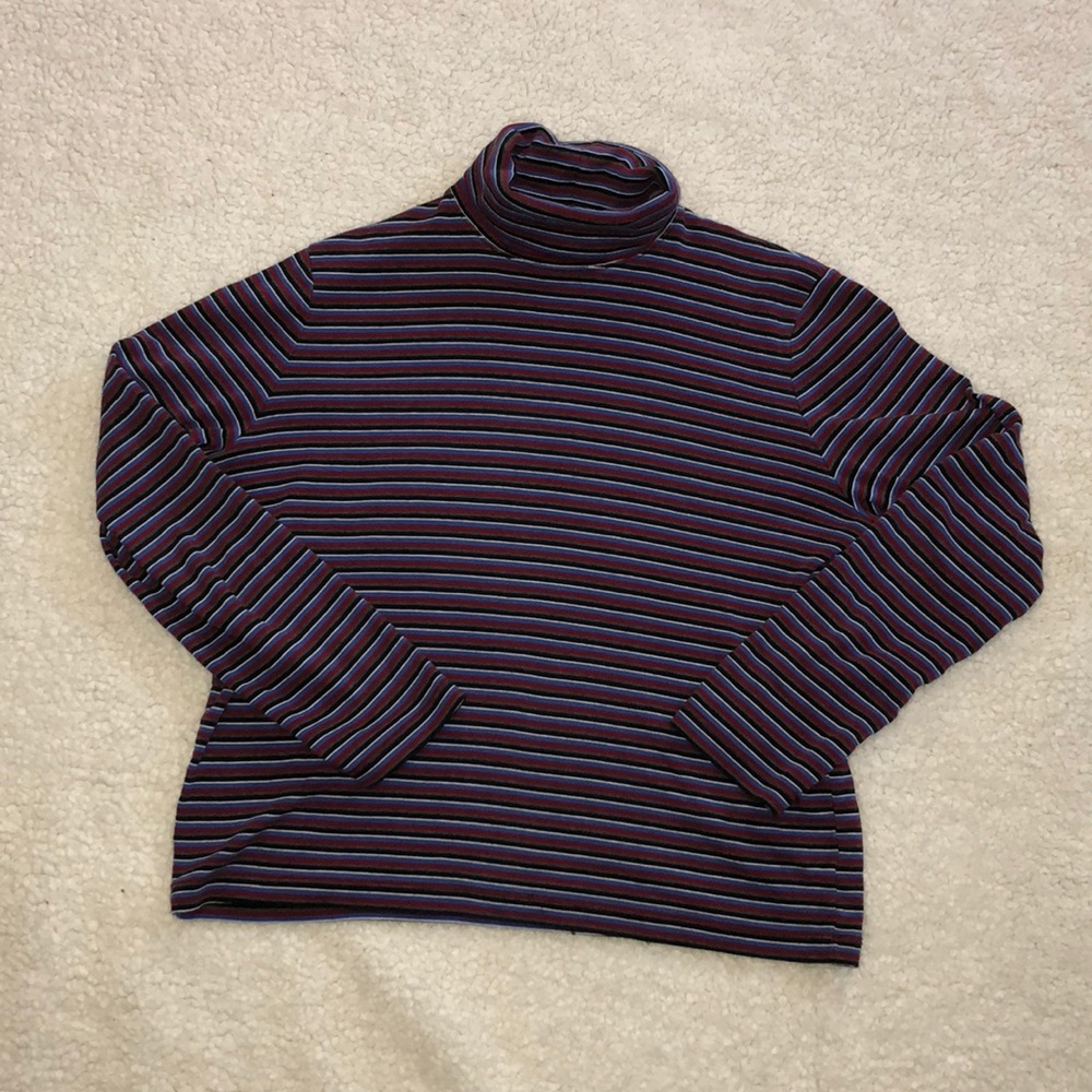 Grey, Blue, White, and Black Striped Turtle Neck